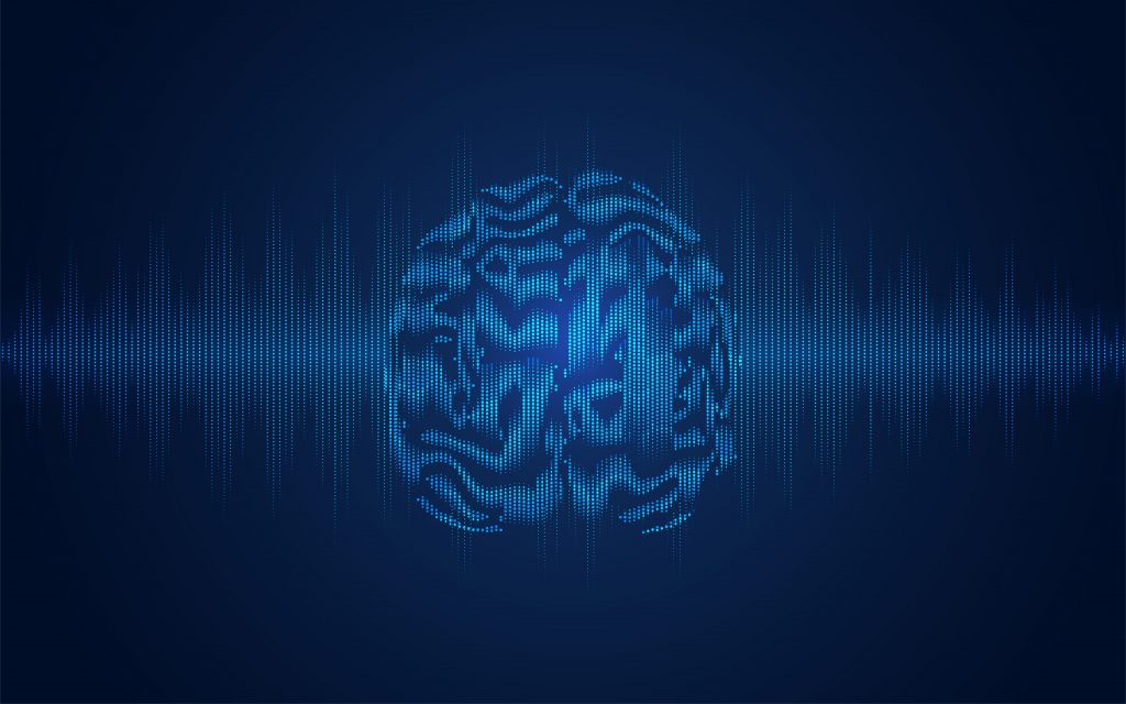 On a navy blue background we see a brain made up of tiny lighter blue dots. A high frequency wave form emanates from both sides of the brain.